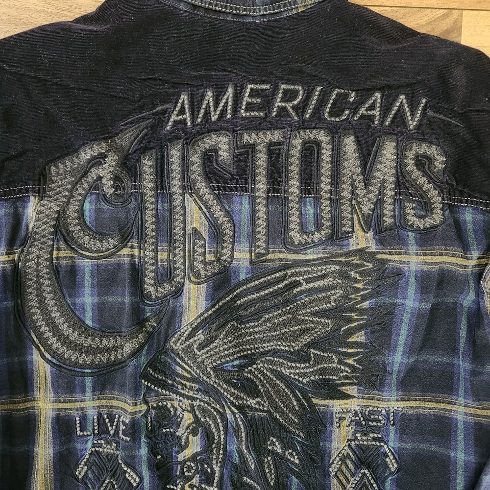 Affliction Indian Head American Customs Motors Button Down Shirt Indigo Size XL